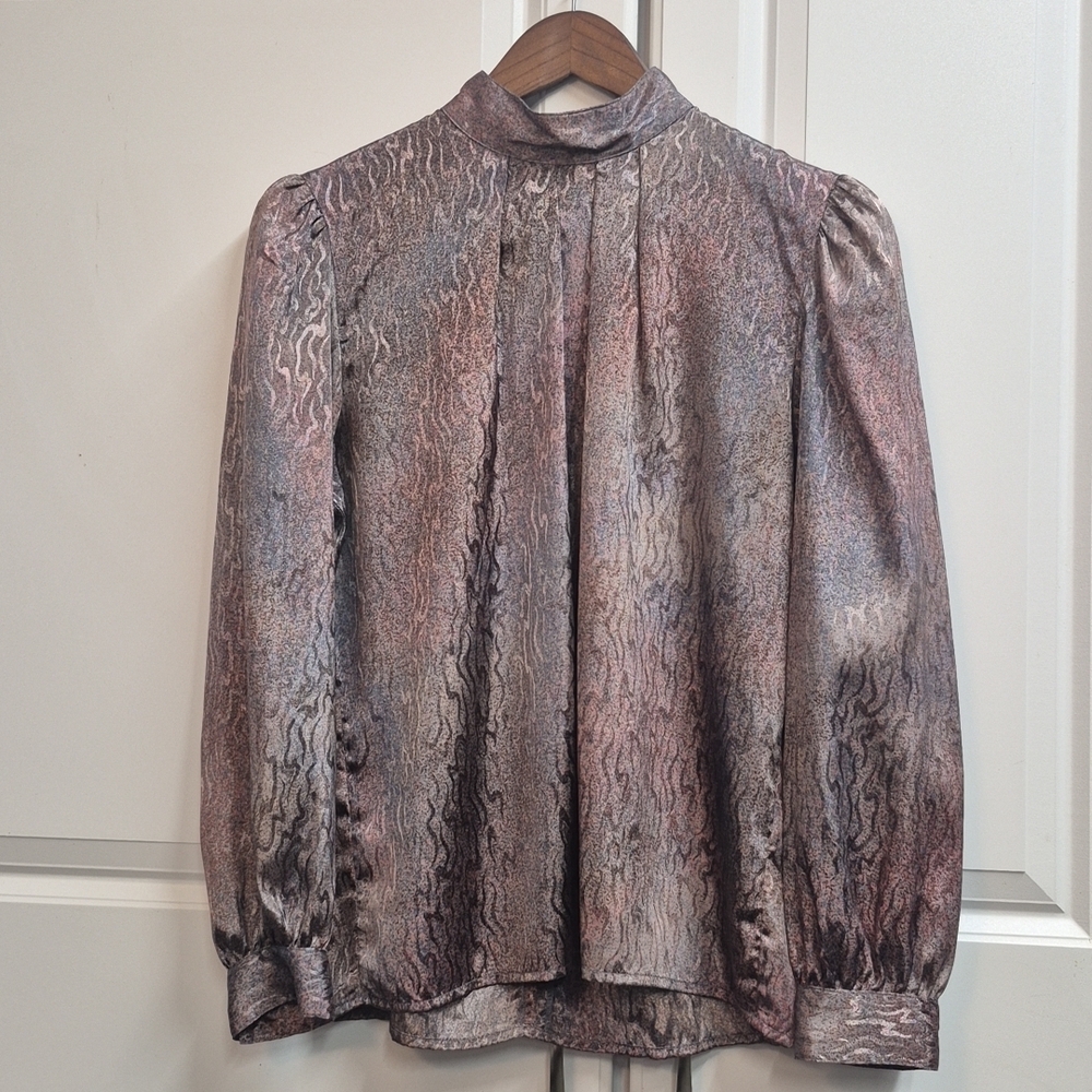 Gianni Women's M Mock Neck Blouse Multicolor Abstract Textured Satin Long Sleeve